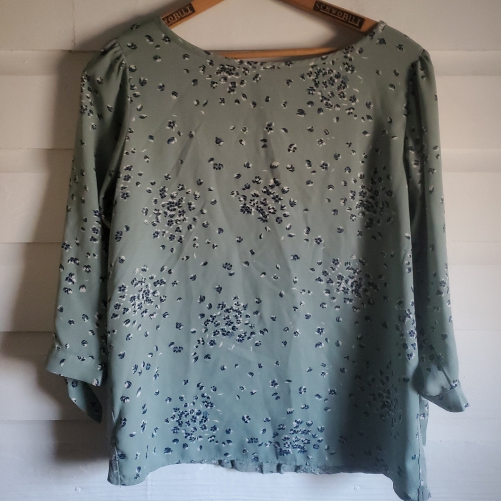 Womens Teal Floral Blouse Small Medium 3/4 Tie Sleeves